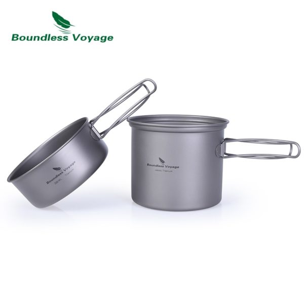 Boundless Voyage Titanium Pot Set Outdoor Picnic Pan Bowl Ultralight Camping Cookware with Folding Handle - Image 4