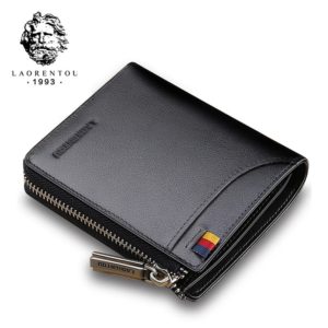 LAORENTOU Wallets Men Card Holder Man Genuine Leather Short Wallet Purse Zipper Wallets Casual Standard Wallets for Male