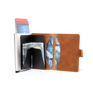 Men Crazy Horse Leather Automatic Credit card holder Wallet Aluminum Mini Wallet With Back Pocket ID Card RFID Blocking purse