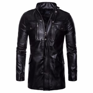 Men’s Mid Long Leather Jacket Men Spring Autumn Motorcycle Biker Leather Jackets Coats Male Windbreaker Black Outwear 2020