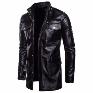 Men’s Mid Long Leather Jacket Men Spring Autumn Motorcycle Biker Leather Jackets Coats Male Windbreaker Black Outwear 2020