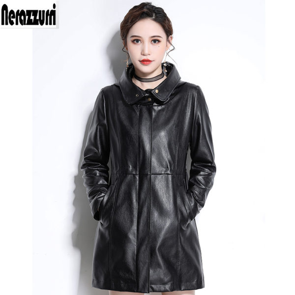 Nerazzurri Faux leather jackets women 2019 with zipper hooded black pleated long sleeve plus size pu leather jacket 5xl 6xl 7xl - Image 3