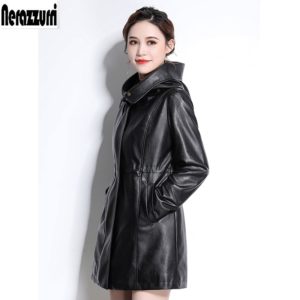 Nerazzurri Faux leather jackets women 2019 with zipper hooded black pleated long sleeve plus size pu leather jacket 5xl 6xl 7xl