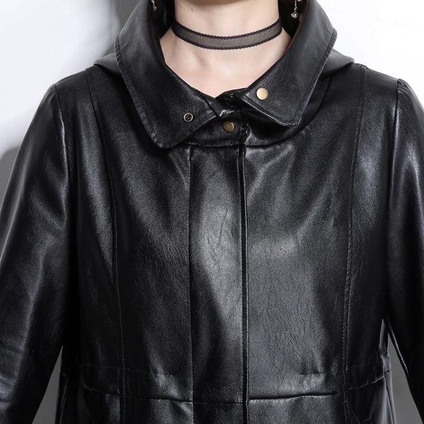 Nerazzurri Faux leather jackets women 2019 with zipper hooded black pleated long sleeve plus size pu leather jacket 5xl 6xl 7xl - Image 5